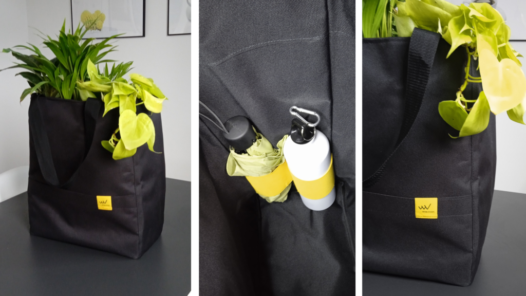 Granatowe torby WideBag z roślinami, butelką i parasolką